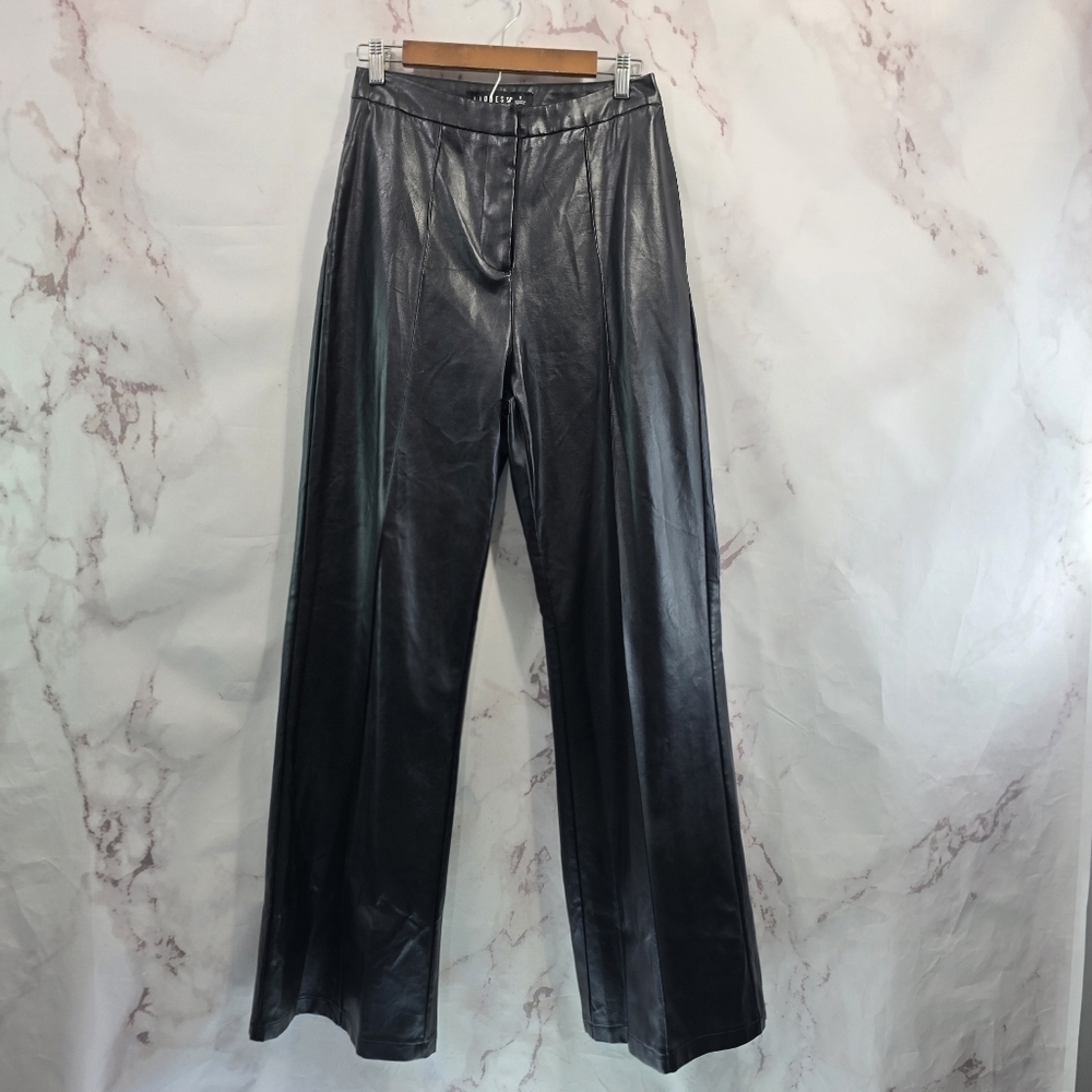 Lioness Pants Womens S 28 Black Faux Vegan Leather High Rise Straight Wide Leg